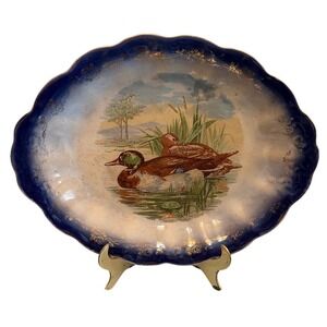 Antique Wood & Son Flow Blue Oval Platter‎ Ducks Gold & Scalloped Edge 15.5"x12"